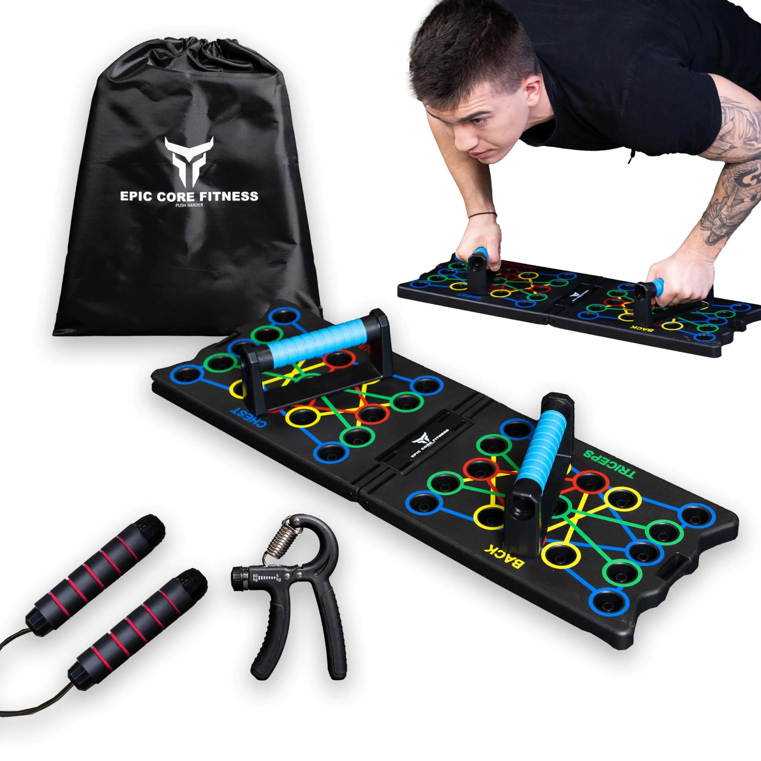 EPIC CORE FITNESS Push Up Board Portable Multi-Function Foldable 32 in 1 Push Up Bar Jump Rope and Push Up Handles Strength Wrist Equipment for Men & Women Professional Pushup System for Chest